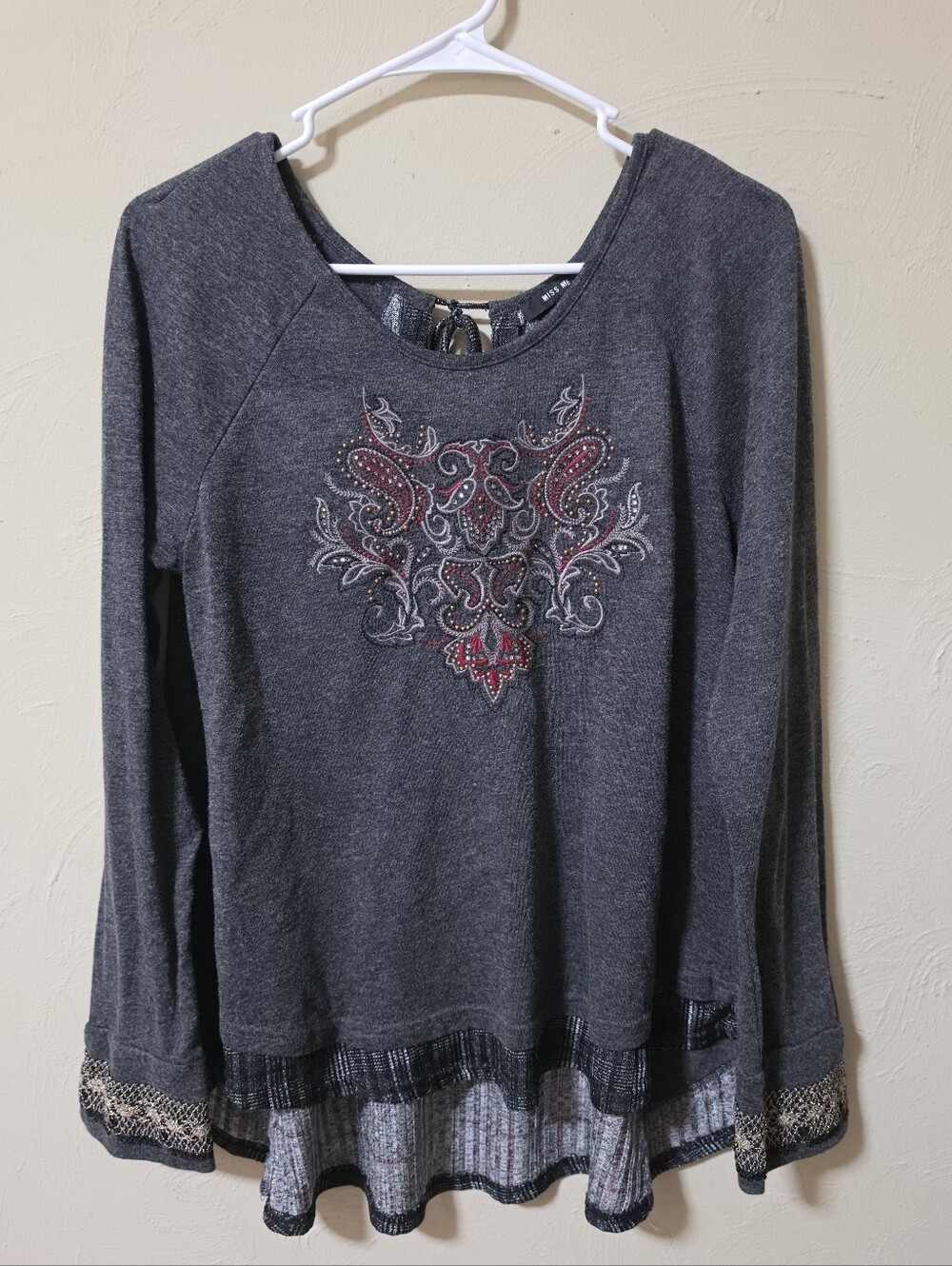 Miss Me Charcoal Embroidered Paisley Long-Sleeve Top with Red Accents